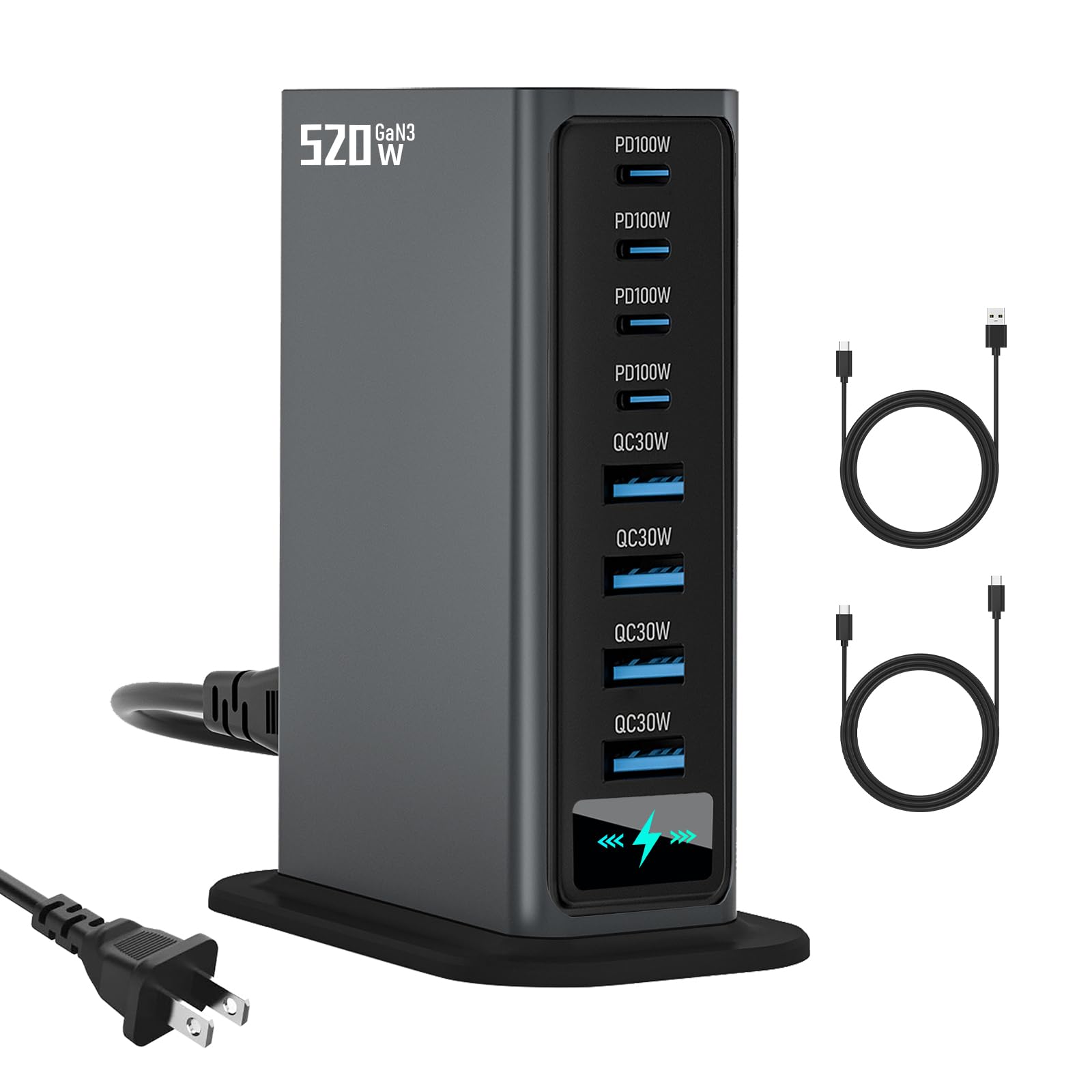 Blok ładowarki USB C 520 W | 8 portów GaN szybka stacja ładująca koncentrator | PD 100 W typ C i USB A ładowarka do laptopa | do MacBooka Air/Pro, iPhone'a, iPada, konsol do gier | podróż do użytku