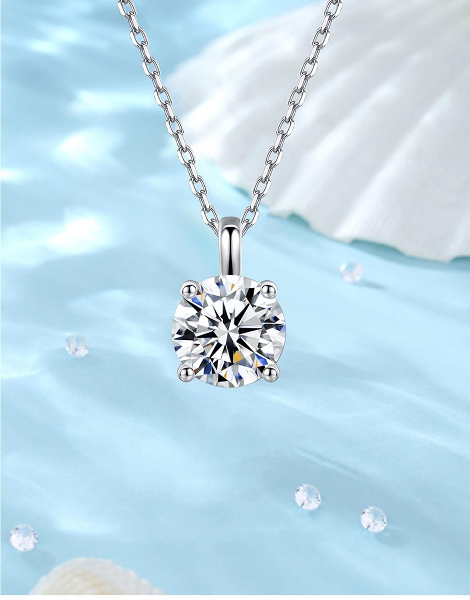 Collar con colgante para mujer, oro blanco de 9 quilates, 14 quilates, 18 quilates, 4 puntas de 5 mm, solitario redondo con moissanita de 0,5 quilates, collar de plata para compromiso