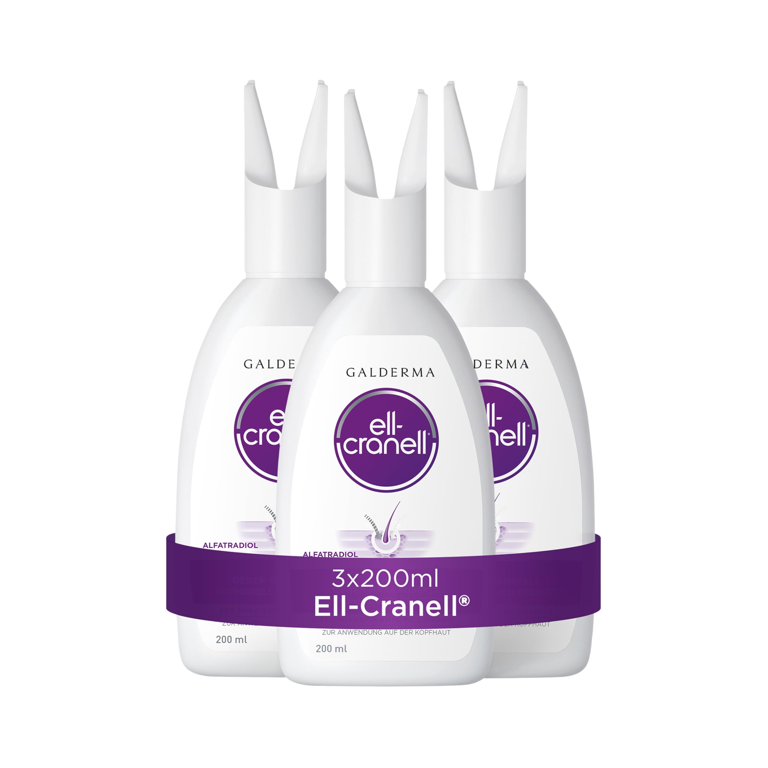 Ell Cranell, 3x200 ml Lösung bei hormonell-erblich bedingtem Haarausfall, für Männer und Frauen geeignet, zielgerichtete Wirkung gegen DHT, Vorteilspackung