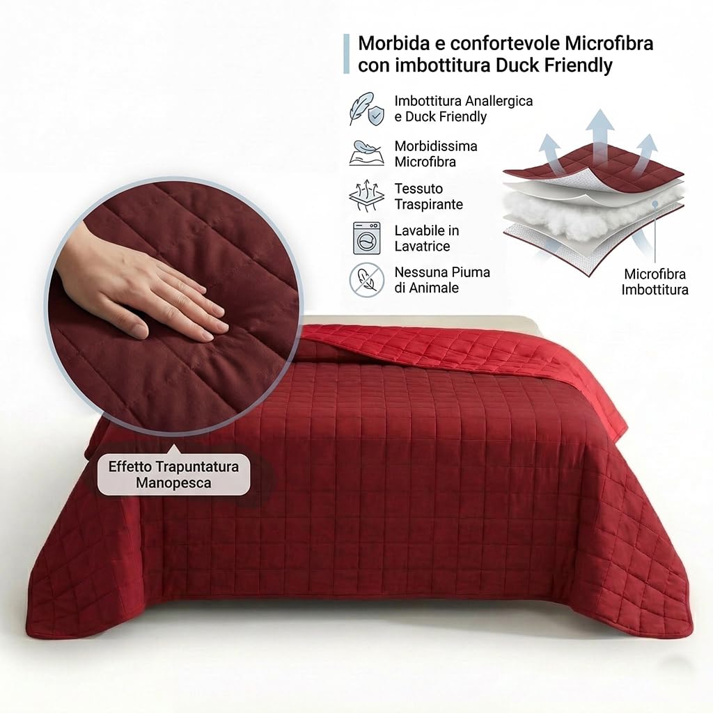 INTRECCI Copriletto Matrimoniale Estivo, Trapunta Estiva Matrimoniale, 260x260 cm, Coperta Estiva, anche Primaverile, Double Face, Moderna, Leggera, Elegante. Colore: Bordeaux/Rosso