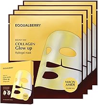 EQQUALBERRY Collagen Glow Up Mask - Niacinamide & Low Molecular Collagen for Brightening and Radiance Boosting | Korean Collagen Face Mask for Glass Skin, 4 Sheets, 1.01 OZ.