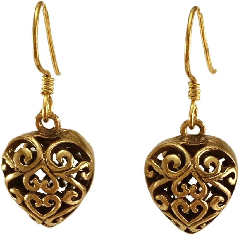 Real Bronze Puffy Filigree Heart Drop Dangle Earrings Fish Hook Bronze Jewelry Gifts