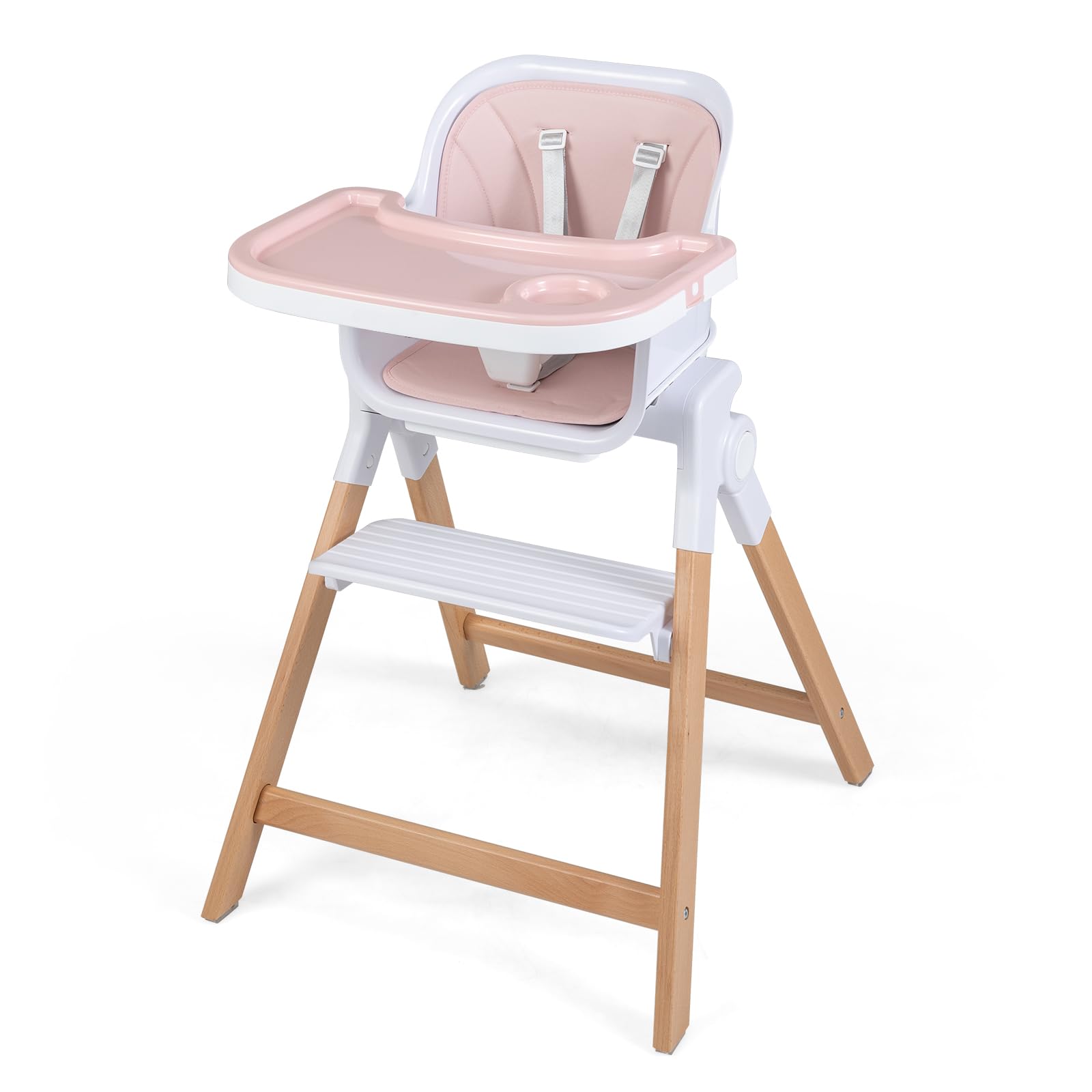 COSTWAY Seggiolone Pappa Pieghevole 4 in 1 con Cuscino di Seduta (Rosa) | Seggiolone per Neonati 6-36 Mesi con Vassoi Rimovibili, Portabicchieri, Cintura di Sicurezza e Gambe in Legno