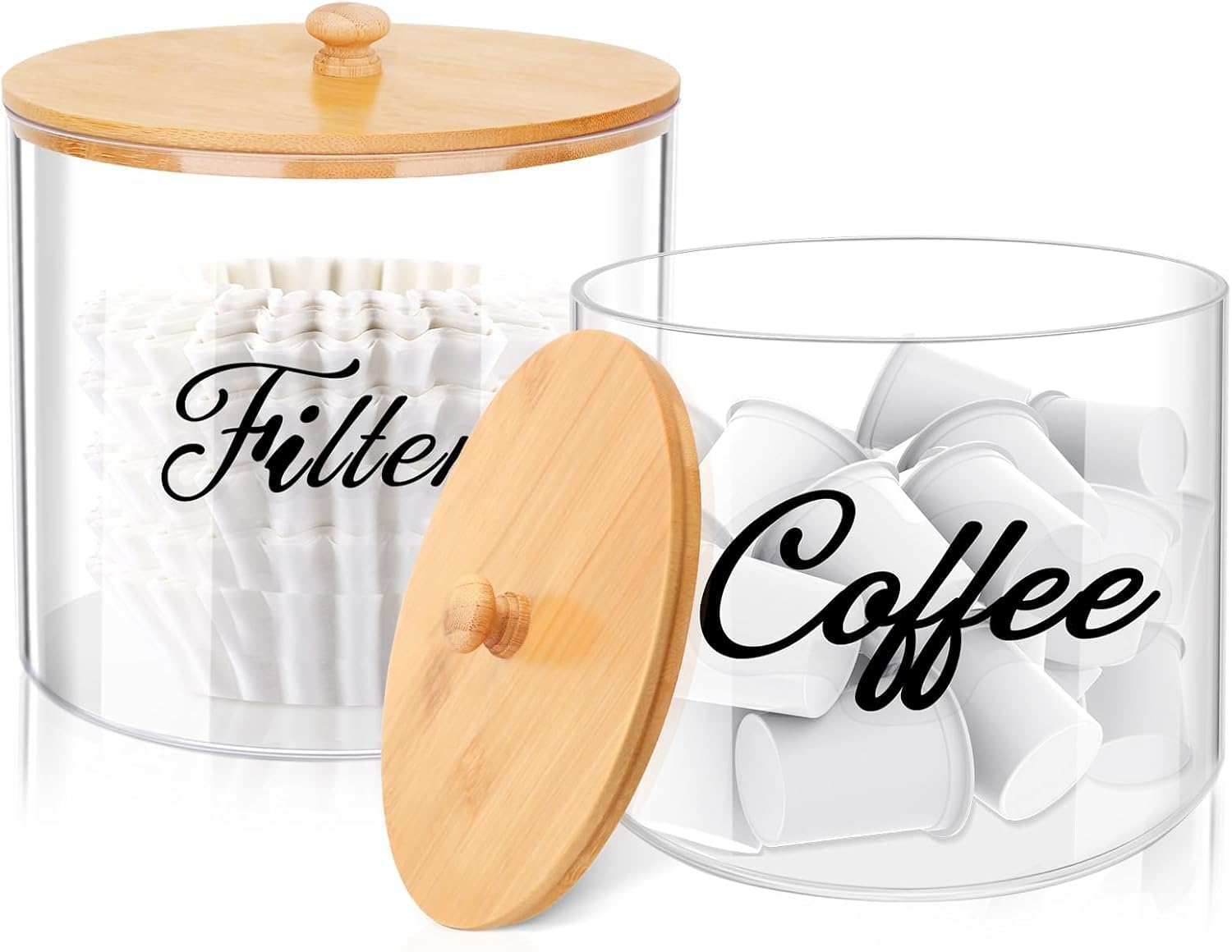 homicozy 2pcs Coffee Pod Holder with Bamboo Lid, 5in & 6in Clear Countertop Storage for Coffee Capsules, K Cup Organizer for Keurig/Nespresso, coffee filter holder, Coffee Bar Accessories