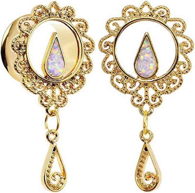 Ear Gauges Dangle Plugs Tunnels for Ears Piercings Opal Center Silver Plated Stainless Steel Flare Expande