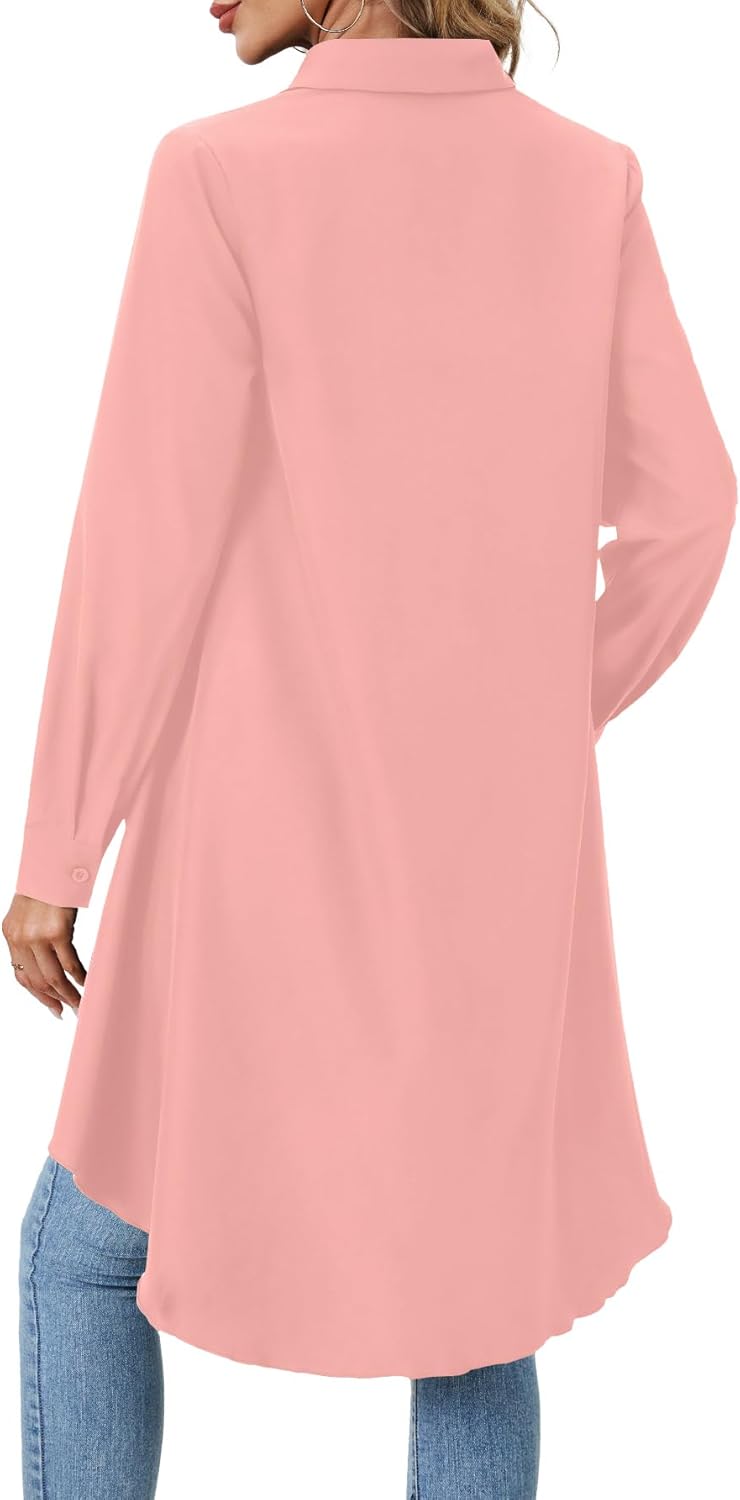 OPOIPIN Women's Button Down Asymmetrical Hem Collar V Neck Long Sleeve Blouse Top - Image 5