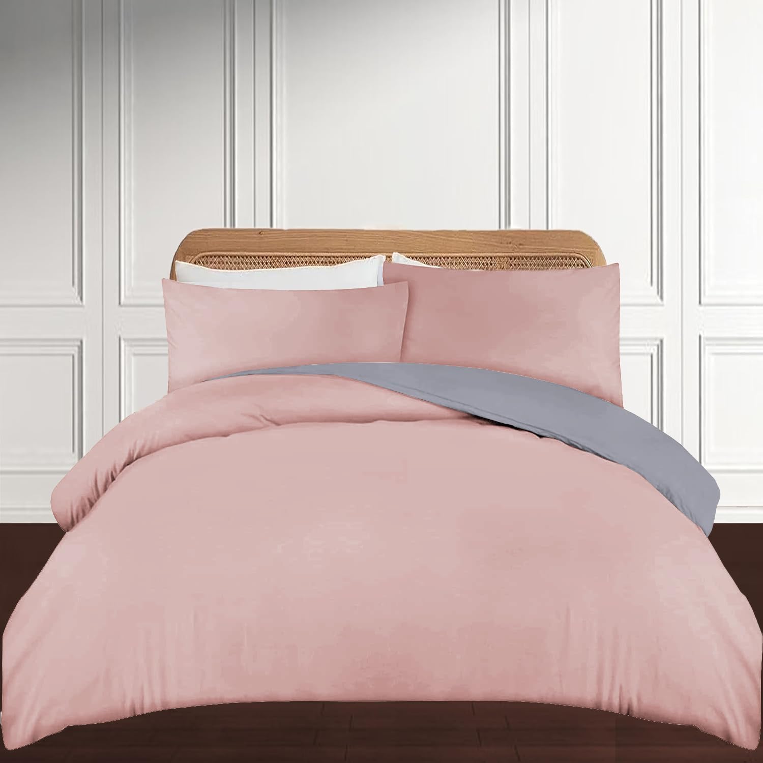 Apex Furnishings Blush & Grey King Size Duvet Cover Sets - 100% Brushed Microfiber Bedding Quilt Cover With Pillowcase - Pink/Grey