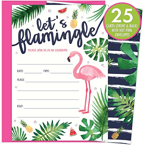 Let’s Flamingle Party Invitations With Pink Flamingo And Palm Leaves. 25 Hot Pink Envelopes And Fill In Invites For Soirees, Bridal Showers, Baby Showers, Birthdays, Graduations, Summer Parties #TOP1