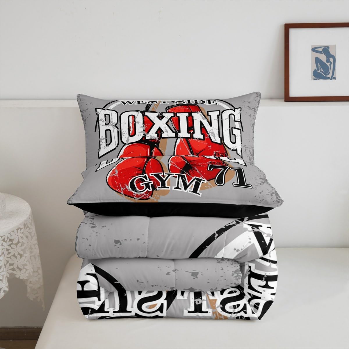 Boxing Comforter Set Gym Sports Theme Bedding Set for Boys Child Adult Men,Red Boxing Gloves Pattern Duvet Insert Sports Games Room Decor,Fighting Competition Pugilism Soft Bed Quilt Full Size Gray