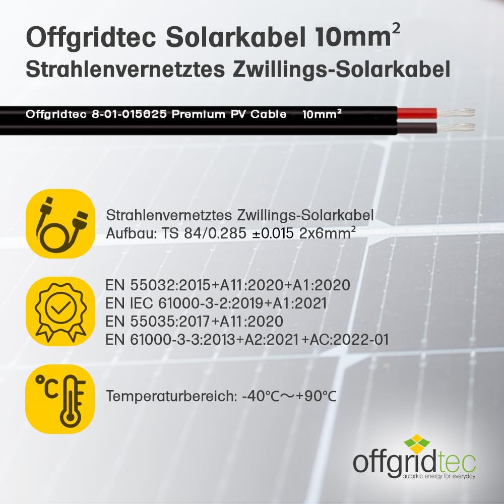 Offgridtec Cable solar de 2 x 10 mm², cable fotovoltaico de dos núcleos para sistemas solares, diseño flexible y separable, conductor de cobre estañado con aislamiento XLPO, cable de alimentación CC