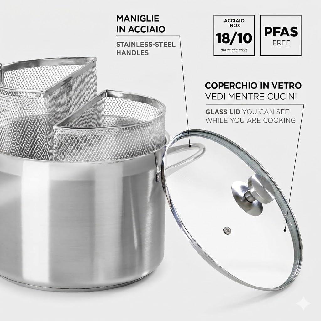 Spaghettiera Pastarella Doppio Cestello 22 CM in Acciaio Inox con Triplo Fondo per Tutti i Piani di Cottura Capacità 6 Litri