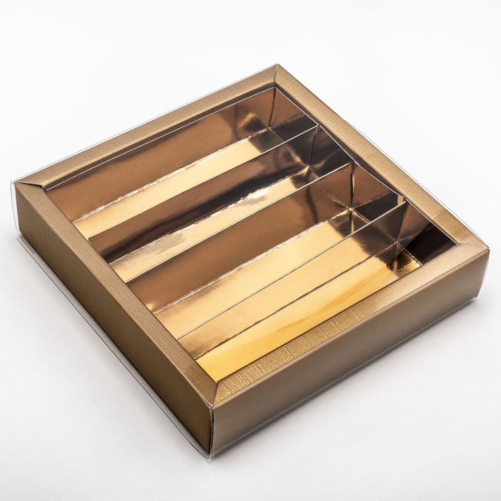 Italian Options Gold Chocolate Boxes with Inserts, Empty Gift Boxes for Truffles with Clear Sleeve, Food-Safe Treat Box for Wedding Favours, Gifts, 10-Pack, 145 x 145 x 35 mm, Fibra Gold