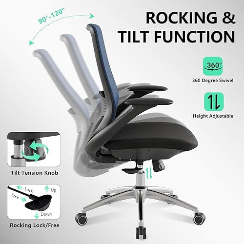Miniatura 6 de Silla de oficina ergonómica, silla de escritorio de malla con respaldo alto con soporte lumbar, giratorio de 360 y brazos ajustables deslizantes,