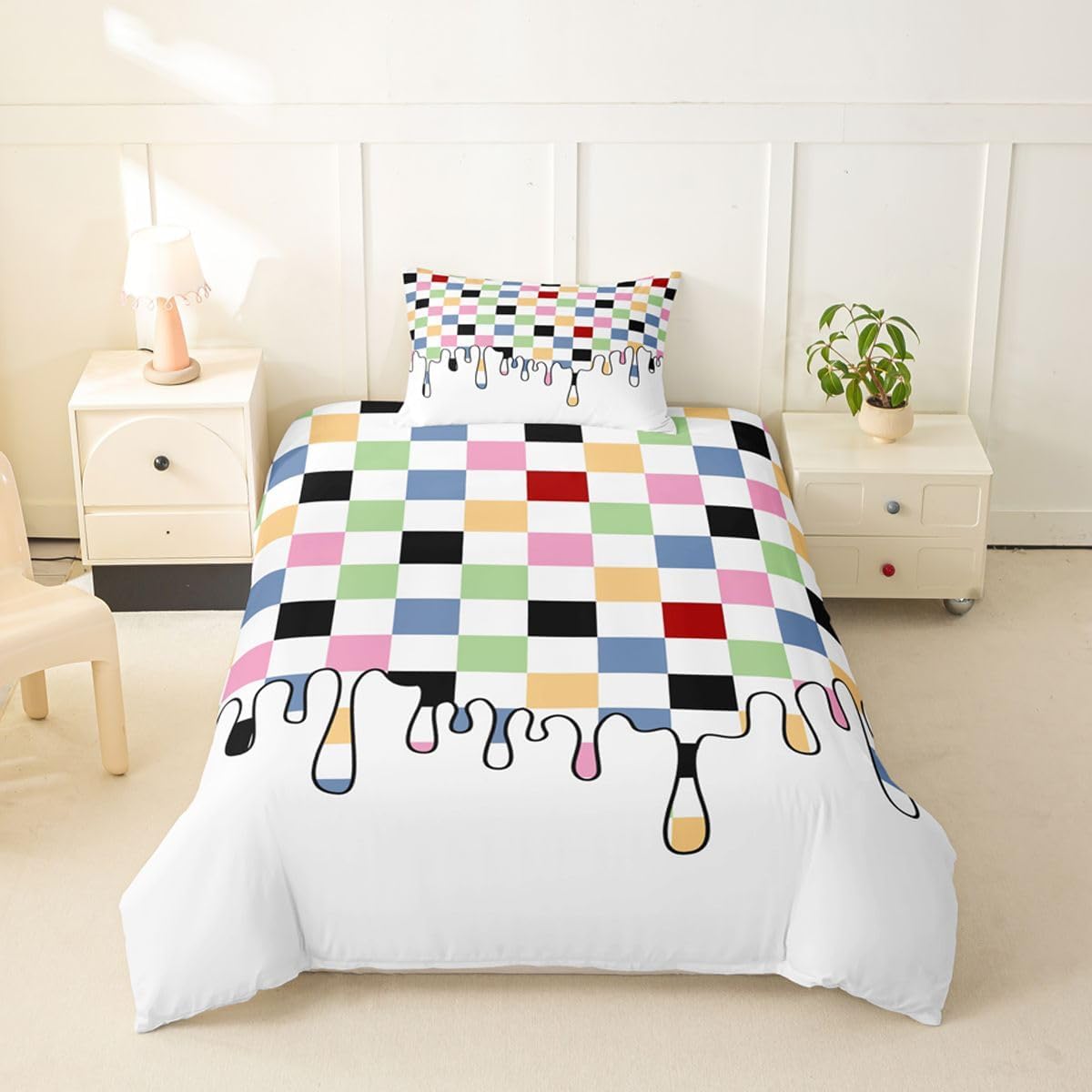 Erosebridal Rainbow Checkered Duvet Cover Set Checkerboard Drip Girl Toddler Bedding Set for Little Boys Indie Aesthetic Funky Modern Geometric Comforter Cover Bed Sets Y2K Room Decor