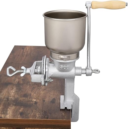 Grain Grinder with Big Hopper, Home Hand Cranking Grain Mill, JHRSUUR 500# Manual Grinder For Corn Coffee Soybeans, Cast Iron Wheat Grinder For Domestic Use, Silver