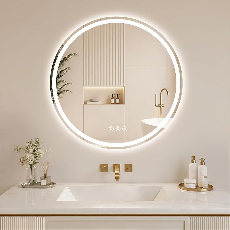 Espelho redondo BEAUTYPEAK com LED, 71,12 cm, iluminação regulável, 3 temperaturas de cor, função de memória e vidro temperado