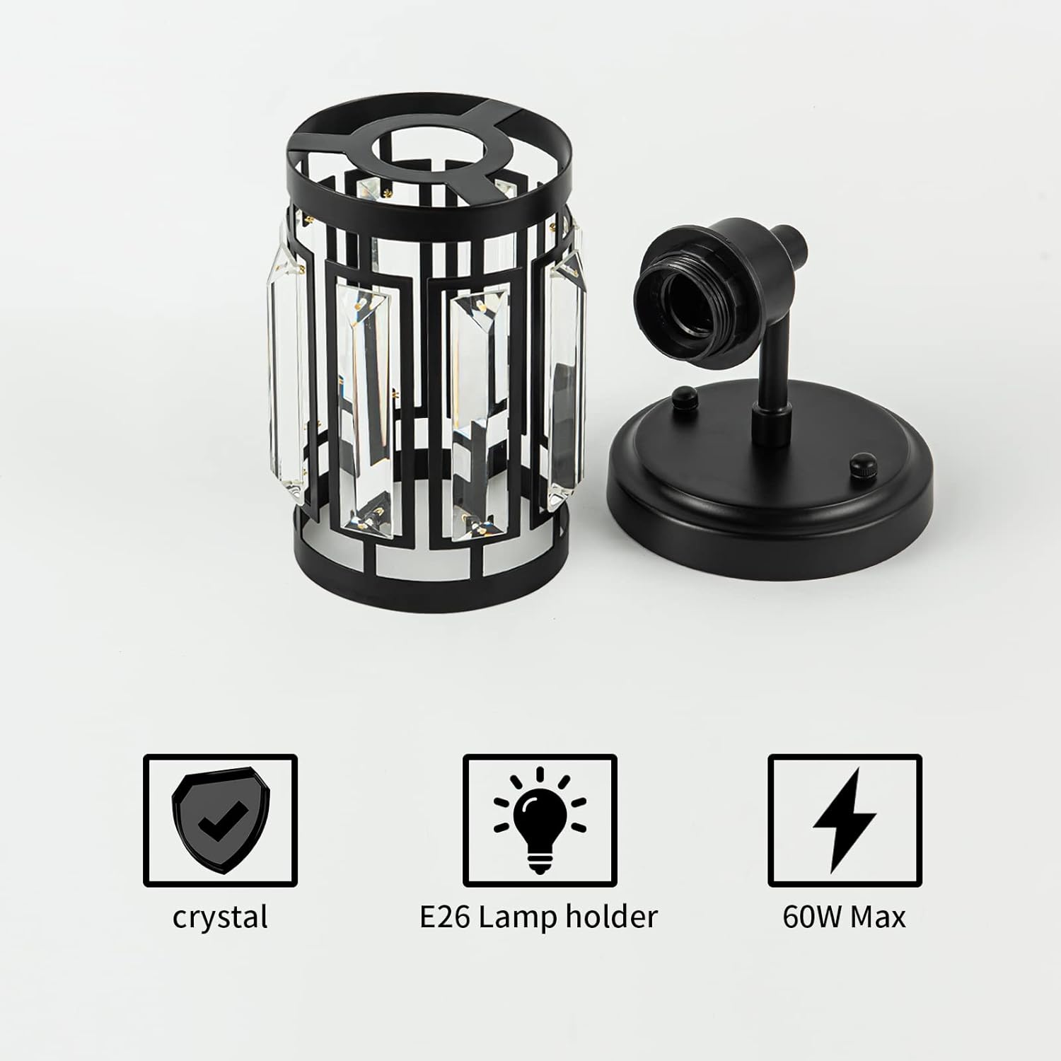 1 Light Crystal Wall Sconce Lighting with Black Finish, Modern Wall Light Fixture Living Room Bed Room, Over Mirror Vanity Light Bathroom Dressroom E26