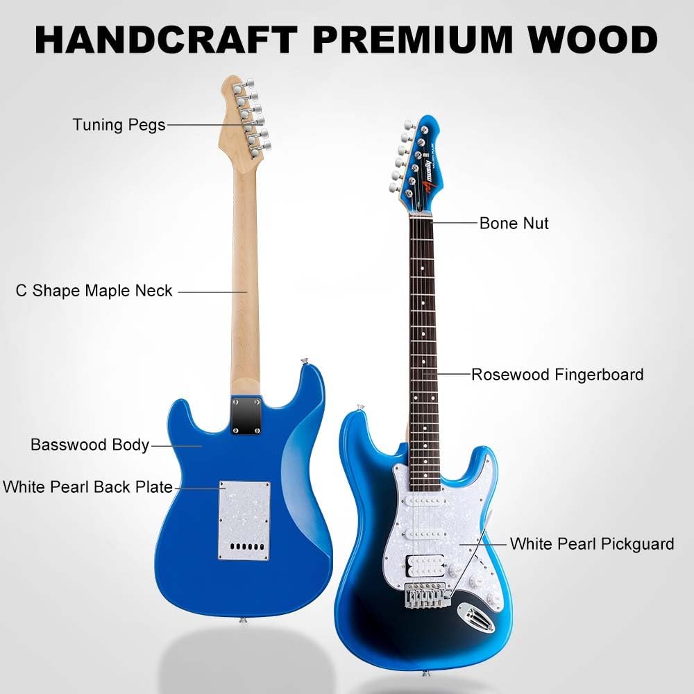 39in Electric Guitar Kit, Full Size Beginner Electric Guitar Starter Kit, Solid Body HSS Pickup with Guitar Strap, Cable, Picks, Strings (MetalBlueBurst)