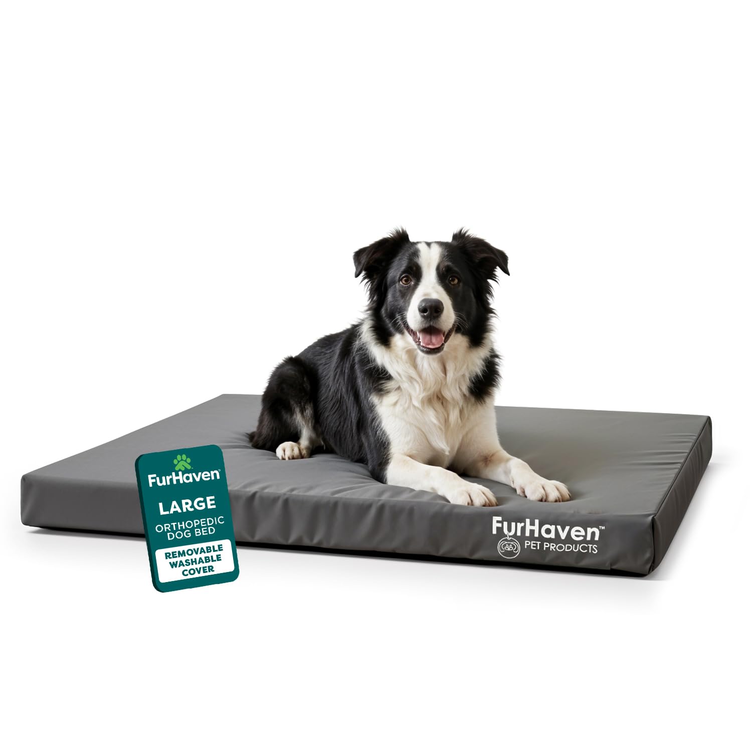 Furhaven Large Orthopedic Dog Bed Water-Resistant Indoor/Outdoor Logo Print Oxford Polycanvas Mattress w/Removable Washable Cover - Stone Gray, Large โ image 1