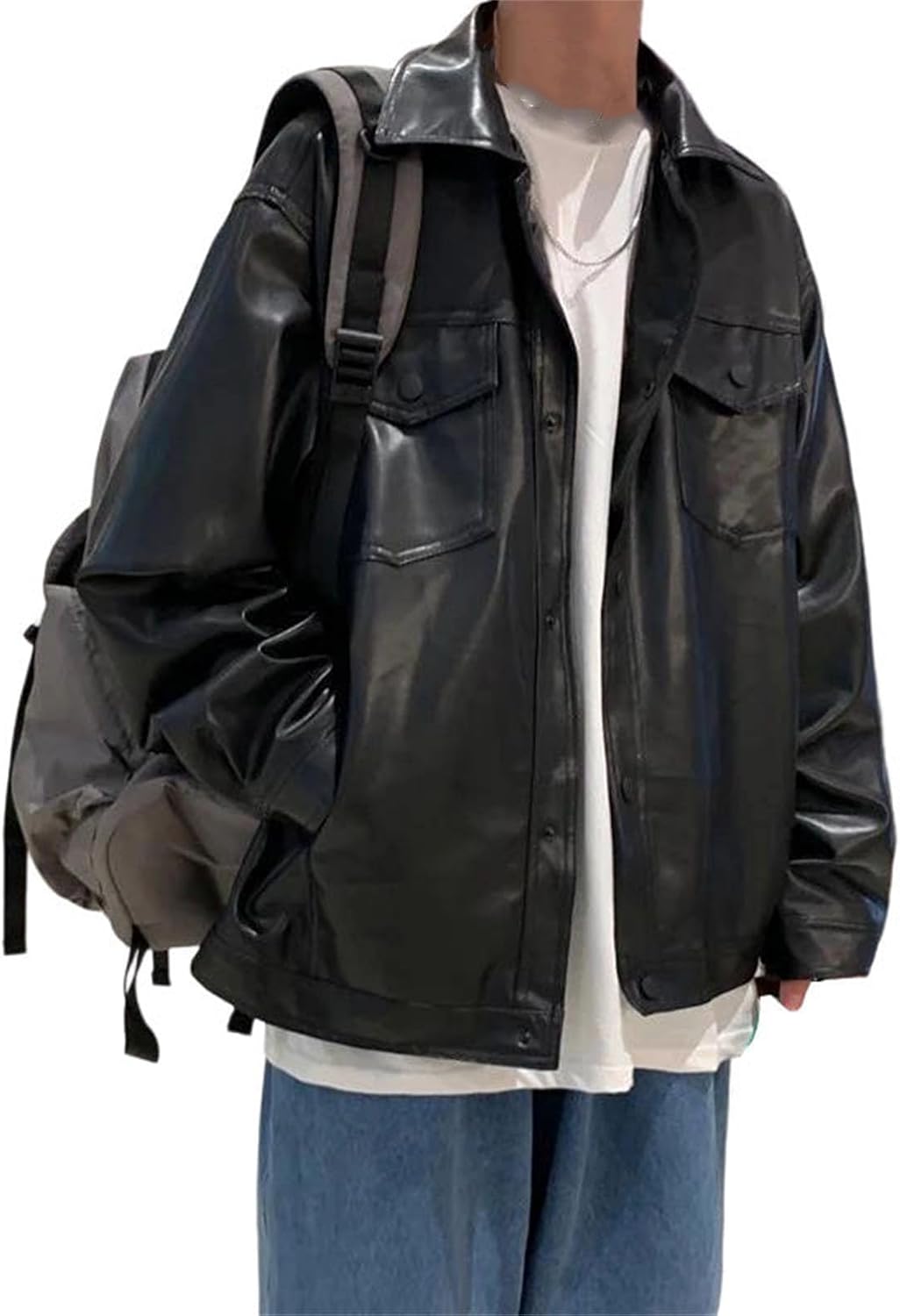 Mens Spring Pu Leather Biker Jacket Casual Lightweight Faux Leather Soft Coat