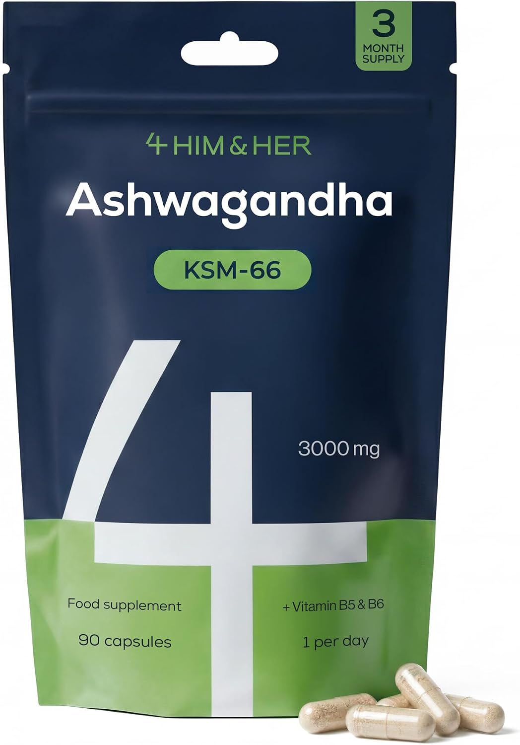 Ashwagandha KSM-66 Anti-Stress Capsules – 250mg High Potency Root Extract (12:1) Withania Somnifera | Vitamin B5 & B6 (P-5-P) | 90 Vegan Capsules | Dietary Supplement | 4 HIM & HER