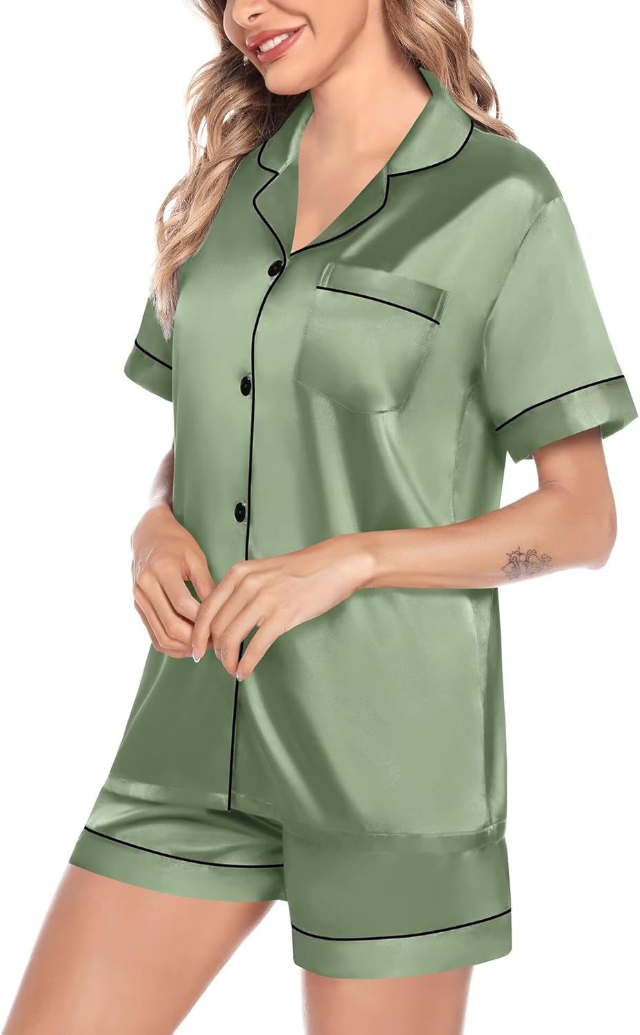 SWOMOG Satin Matching Pajamas Sets Couple Silk Button Down Nightwear Women & Men Short Sleeve Sleepwear 2 Pieces Loungewear - Image 3