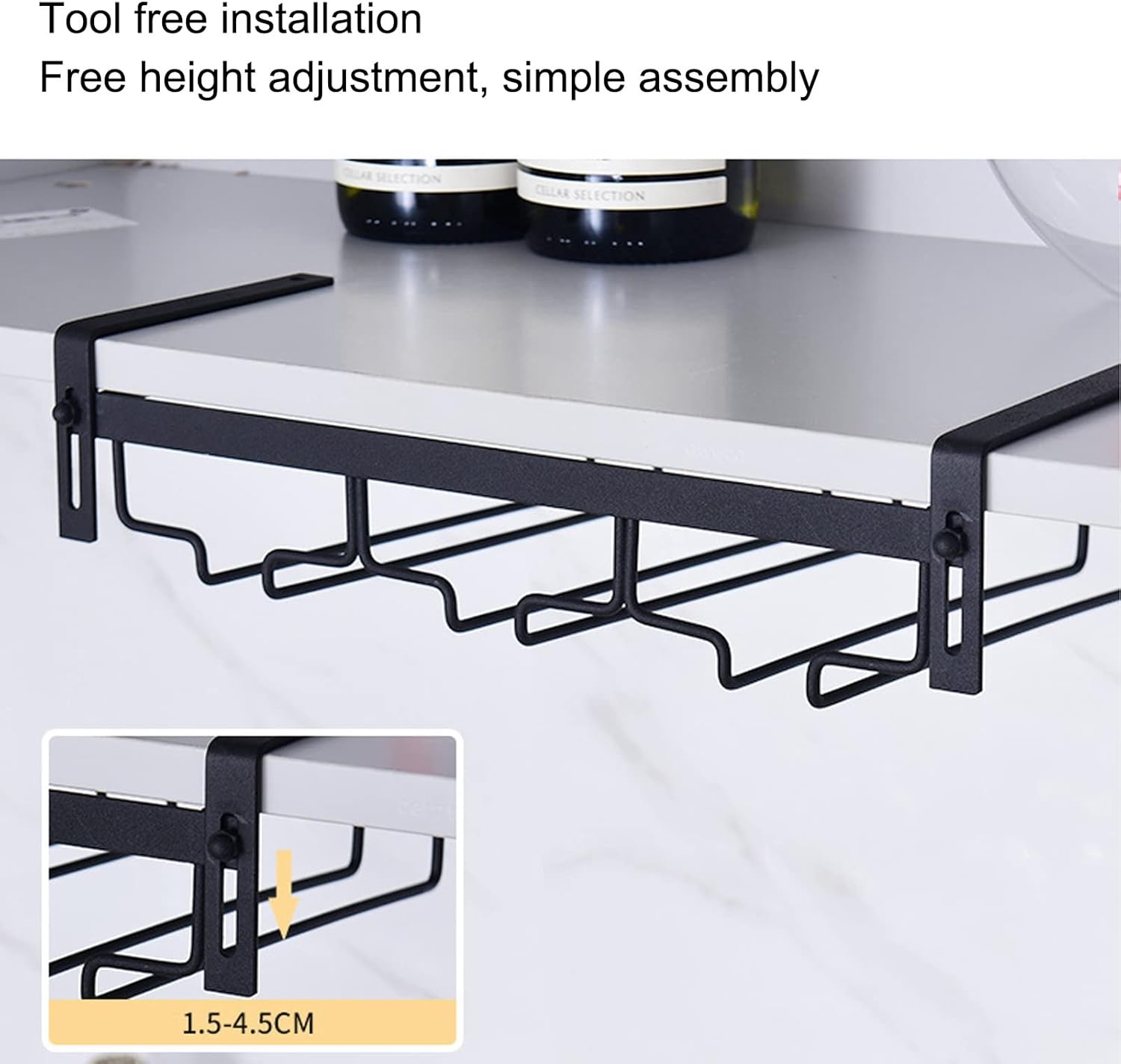 Under Cabinet Wine Glass Rack, Metal Stemware Holder with 3 Rails, Space Saving Hanging Cup Storage for Bar Kitchen, 35 x 22.5 cm