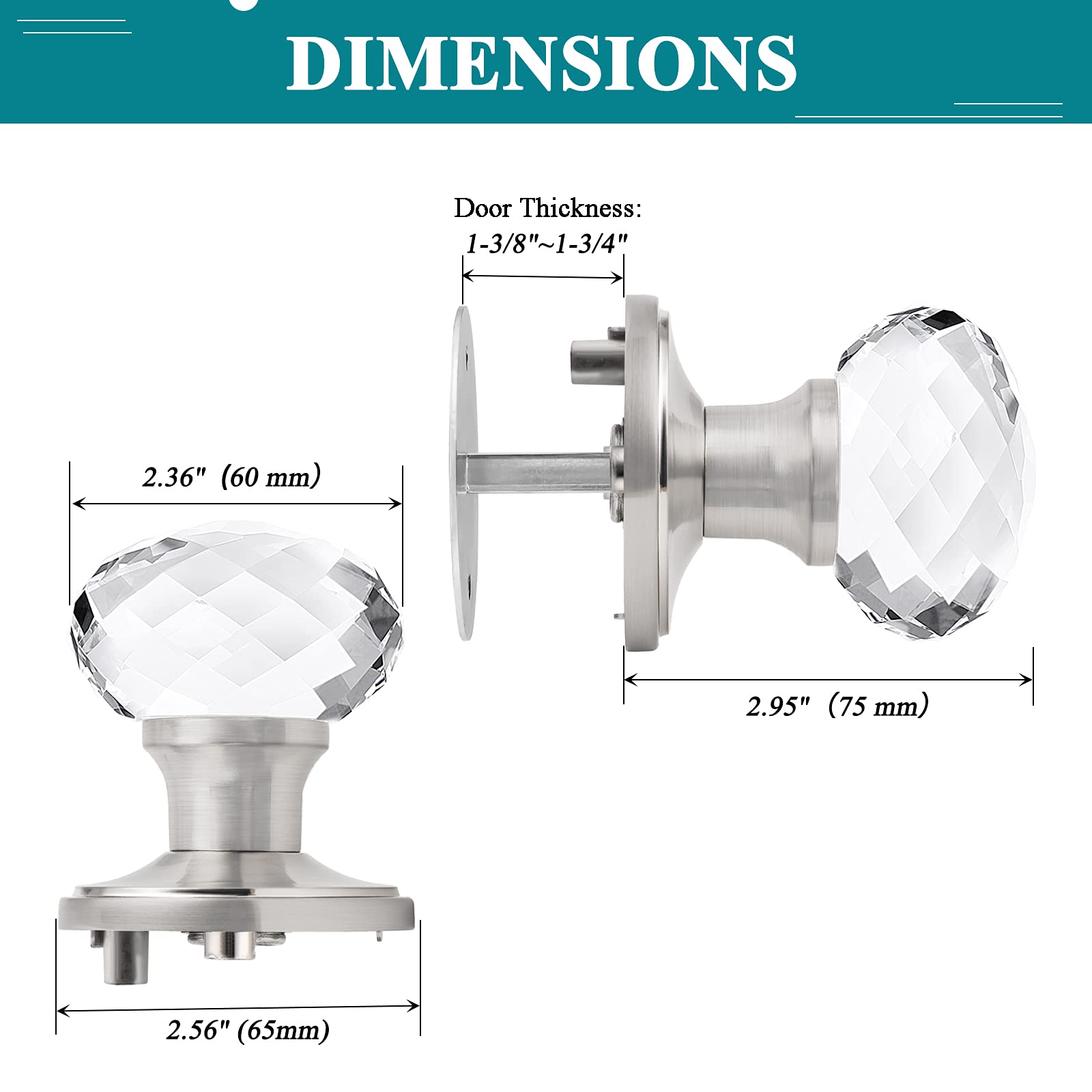 Orger 5 Pack Crystal Door Knobs for French Door, Dummy Door Handles in Satin Nickel Finish, Inactive Single Side Interior Door Handles, Clear Glass Door Knobs with Round Rosette