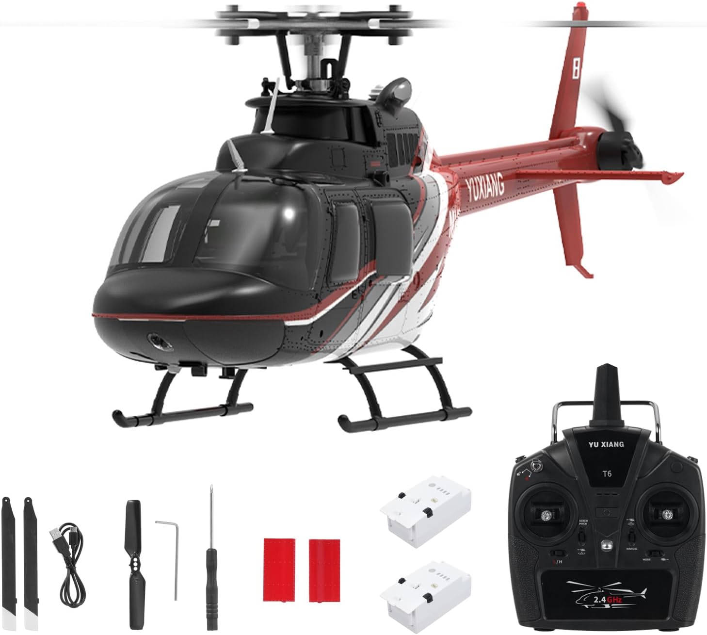 F08 RC Helicopter, 1:27 Scale New Upgrade Bell206 Helicopter 2.4Ghz 6CH RTF Brushless Motors, Altitude Hold, Gyro, Optical Flow Positioning Function Modular Battery, One Key Function