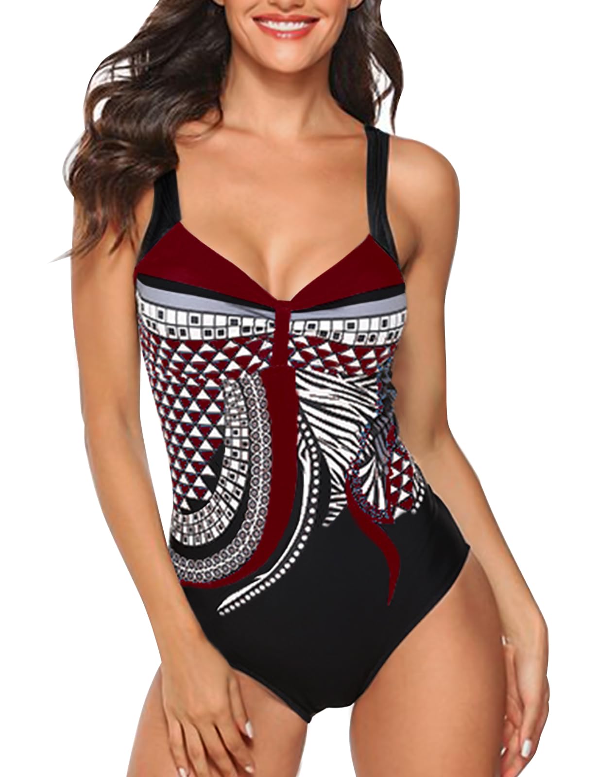 heekpek Trajes de Una Pieza Vintage Impresión Bañador Natacion Mujer Surf Tallas Grandes Monokini Push Up Sexy V-Cuello Verano Traje de Baño Atlético Mujeres Retro Trajes de Baño
