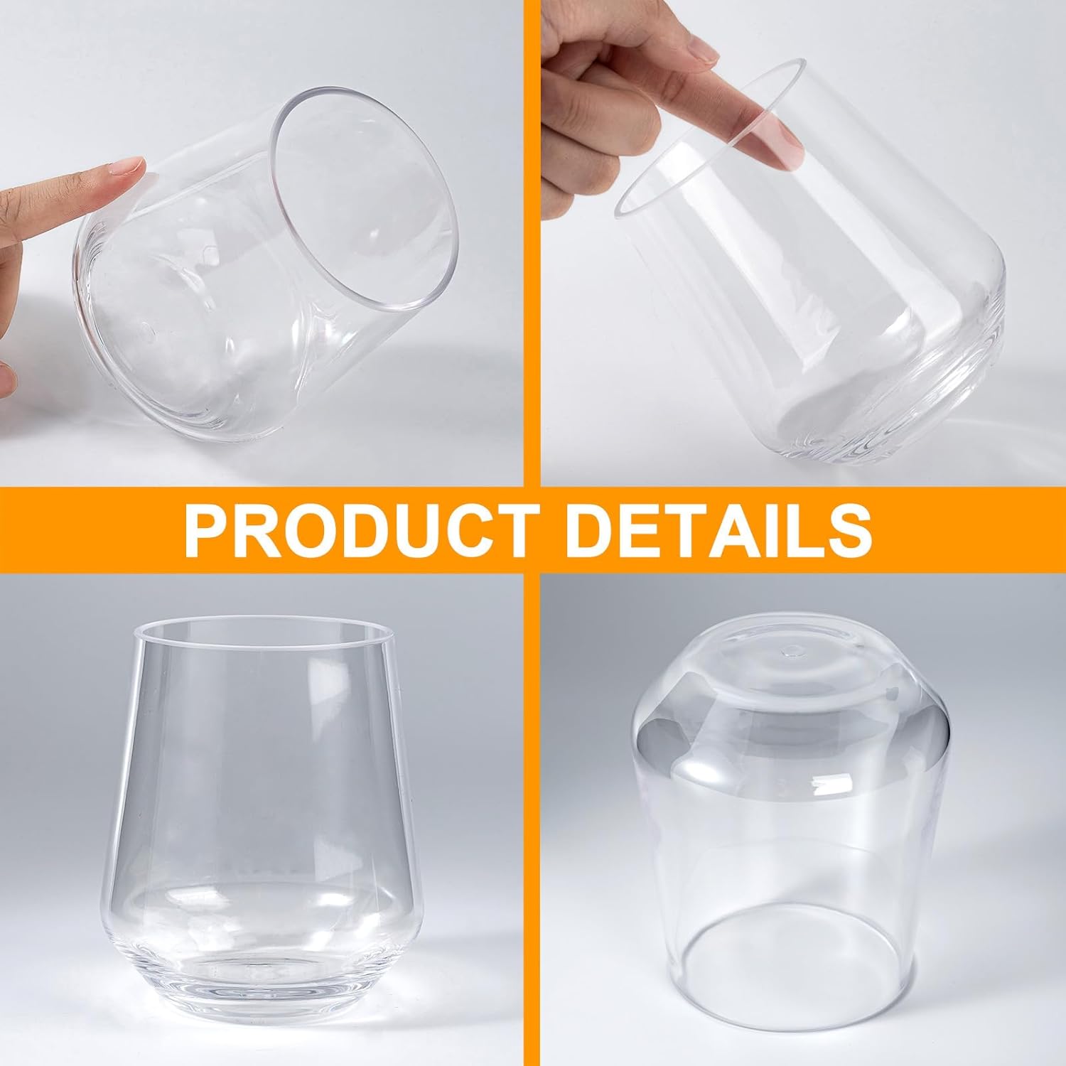 KX-WARE Unbreakable 16-ounce Acrylic Stemless Wine Glasses All Purpose Plastic Tumbler, set of 6 Clear Dishwasher Safe BPA Free Classic Style - Image 3
