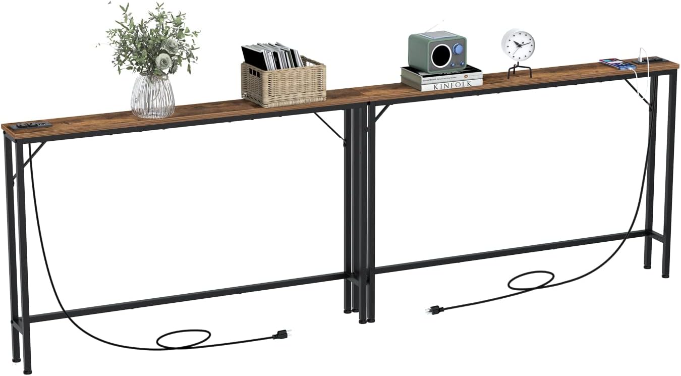 Tohomeor Skinny 5.9" Console Table 47.24" Narrow Long Sofa Table with Power Outlets USB Ports Industrial Wooden Entry Table for Entryway Living Room Hallway (Brown, L-94.4xW-5.91)