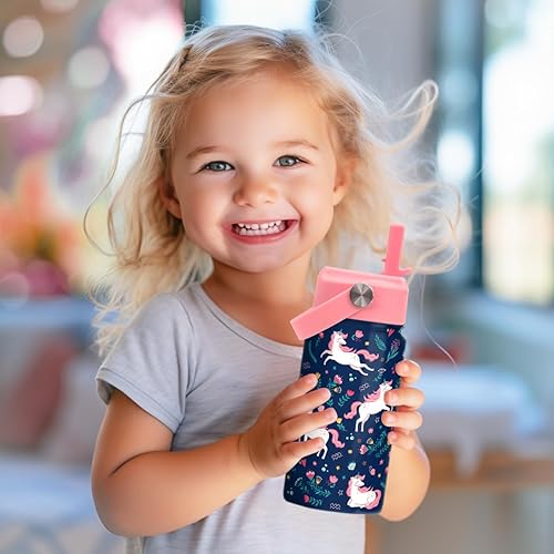 Miniatura 18 de SANDJEST Botella de agua para niños con tapa con pajilla, paquete de 2 botellas de agua aisladas de acero inoxidable de 12 onzas para niñas, taza de