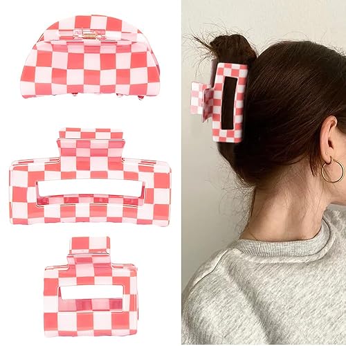Pinzas para el cabello a cuadros rosados y blancos (3 unidades)  Accesorios para el cabello estético vintage Y2K para mujeres y niñas, pinzas de