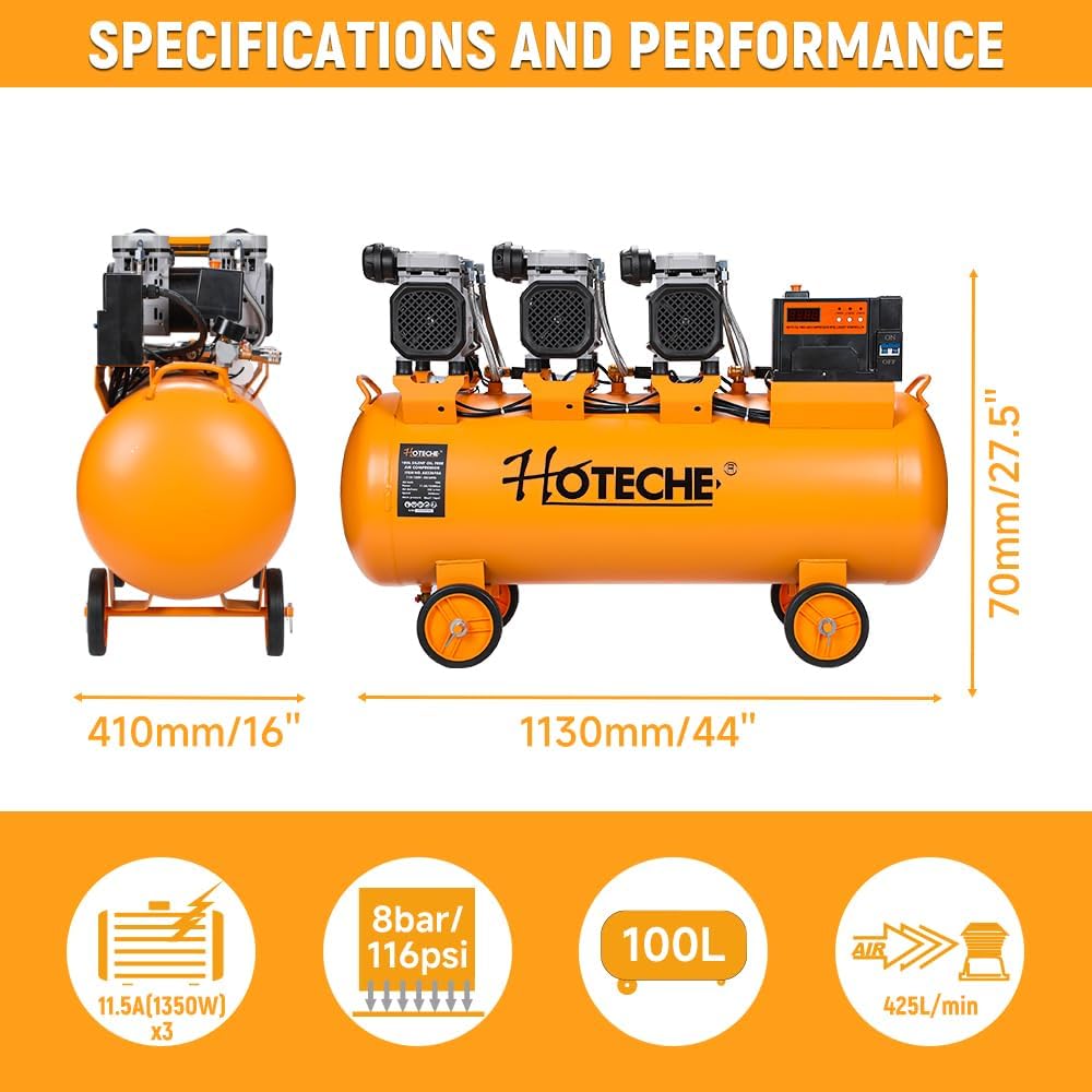 Hoteche 26 Gallon Silent Oil-Free Air Compressor, front view
