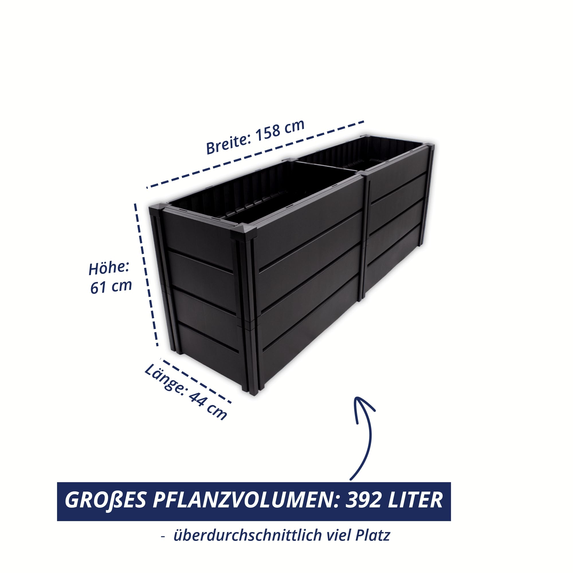 KHW Hochbeet Demeter XL Schmal | 158×44×61 cm Garten Hochbeet | 392L Pflanzvolumen | 100% recycelter Kunststoff | wetterfest & UV-beständig | werkzeuglose Steckmontage | Anthrazit | Made in Germany