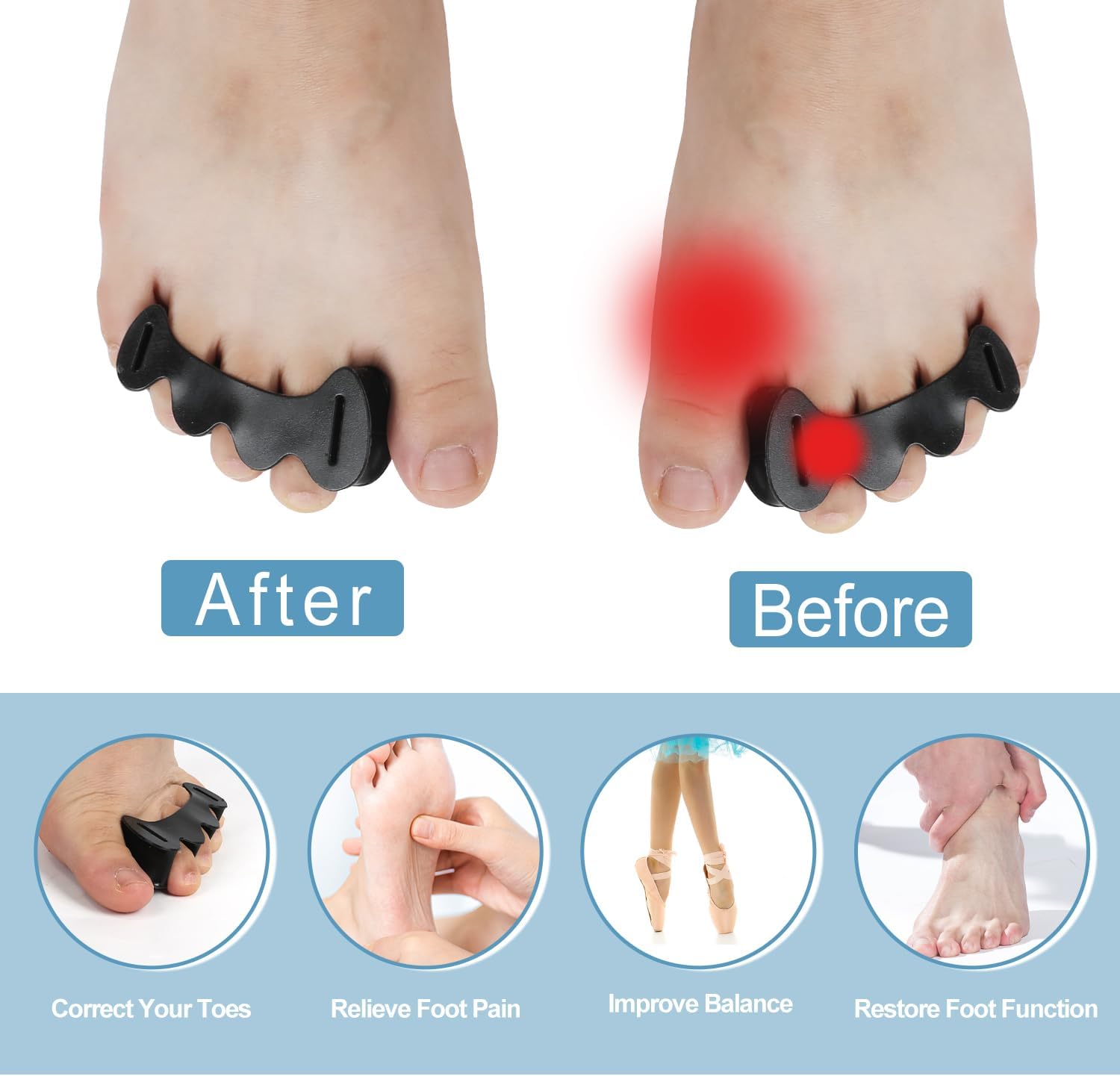 2 Pairs Adjustable Toe Spacers, Silicone Toe Spacers Toe Straighteners Toe Spacer for Hammer Toes Toe Separators for Women Men(Black S)