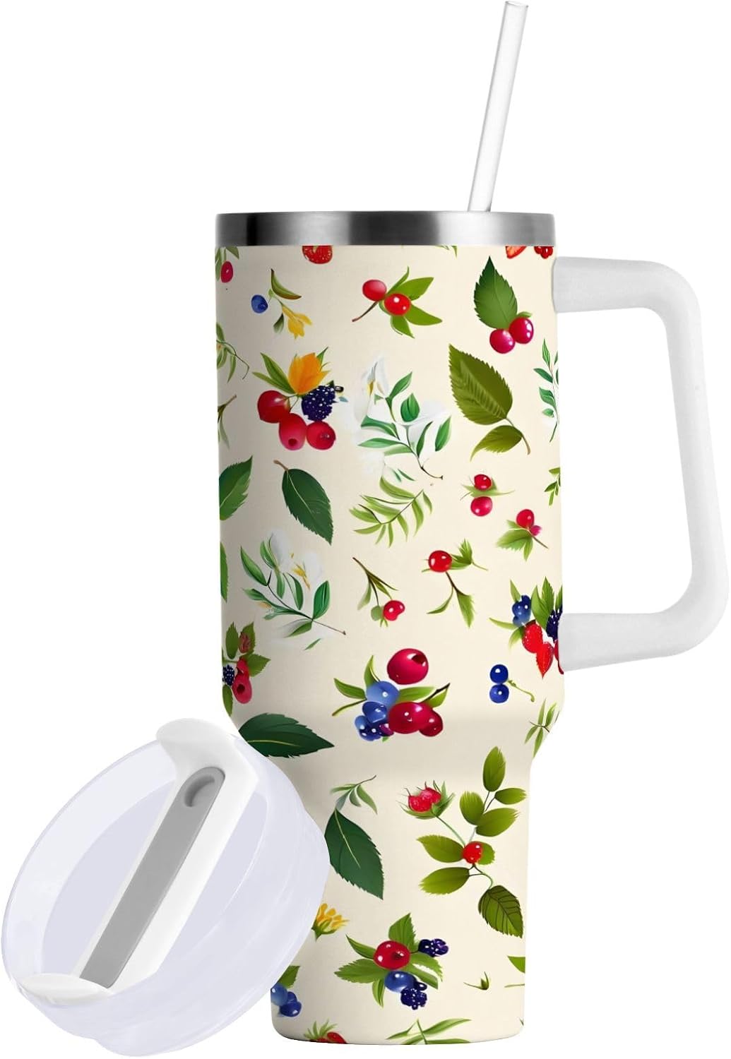Red Cherry Pattern Vacuum Insulated Tumbler Leak-proof Lid and Straw Large Water Bottle Reusable Coffee Mug for Water, Iced Tea or Coffee