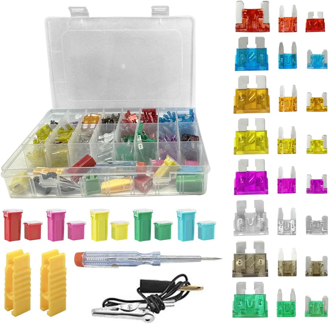 304PCS Car Fuses Assortment Kit, Standard & Small & Mini Blade Fuse with Tester & Fuse Puller, Auto Low & Tall/STD Profile Box Shaped Assorted Fuse Replacement for Truck/Car/Boat (Colorful)