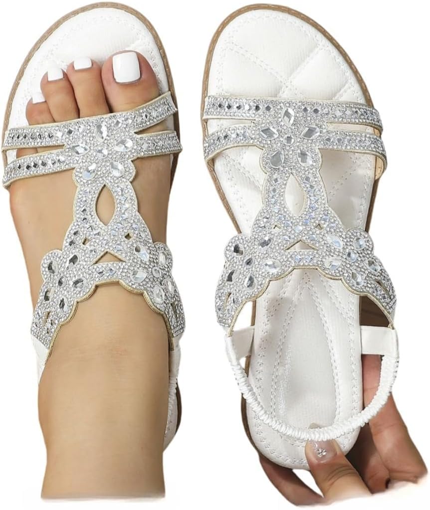 Boho Sandals For Women,Women's Flat Sandals Dressy Summer, Comfortable Rhinestone Beaded Sandal Strappy Ankle Strap Elastic T-Strap Dress Thong Beach Shoes Flip Flops Sparkling Jeweled Flats