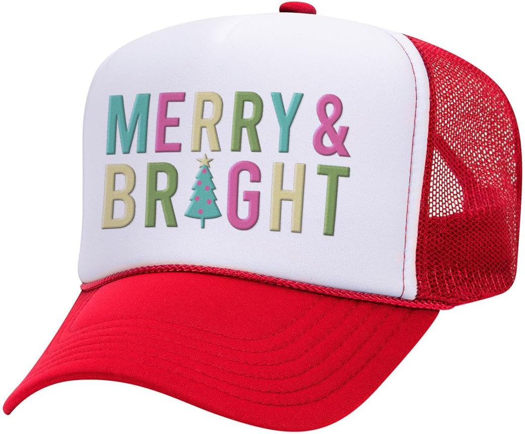 TeesAndTankYou Merry and Bright Foam Trucker Cap Adjustable Mesh Back Hat