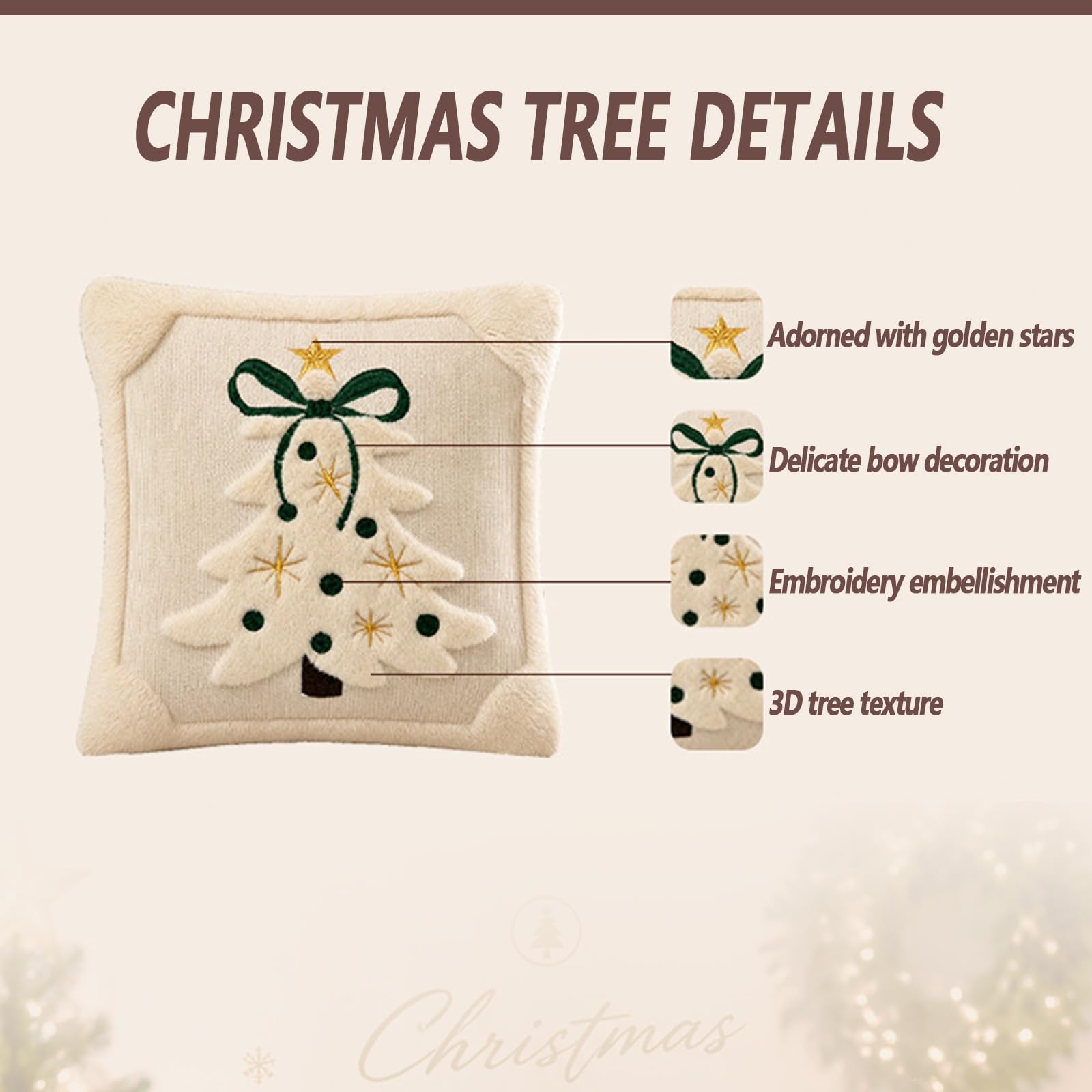 Cojín Decorativo con Forma De Árbol De Navidad De 45 X 45 Cm, Cojín Cuadrado Decorativo Acolchado 3D con Lazo, Almohada Cuadrada Suave Y Afelpada para Sofá Sillón Dormitorio(W+g)