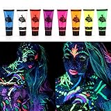 【8 piezas de pinturas corporales】: 8 tubos de pinturas de neón UV, 10 ml (0,34 US FL.oz) / pieza. Estas pinturas corporales se pueden usar en la cara y el cuerpo, son fáciles de usar.