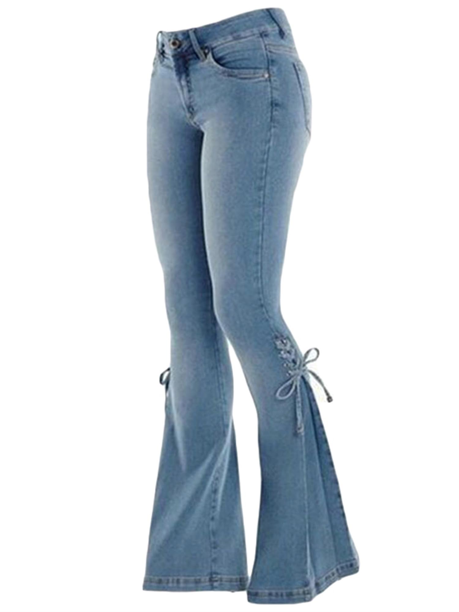 Andongnywell Women High Waist Flare Jeans Lace-up Bootcut Denim Pants with Wide Leg Ladies Stretch Bell Bottom Jeans
