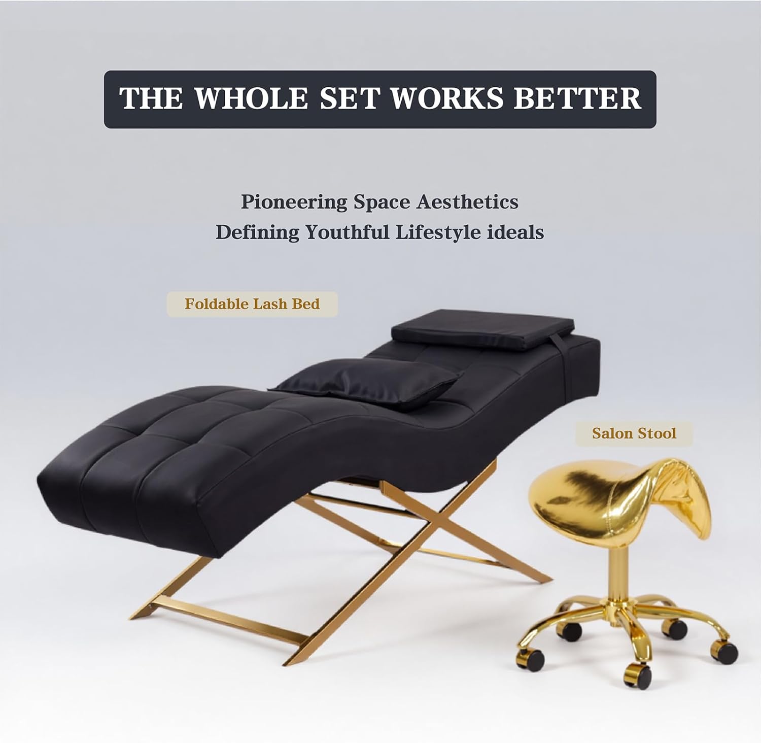 TATARTIST Lash Bed Professional Eyelash Extension Bed Comfortable Curved Cushion Treatment Table Beauty Salon Spa Massage Table for Lash Technicians (Black+Salon Stool)