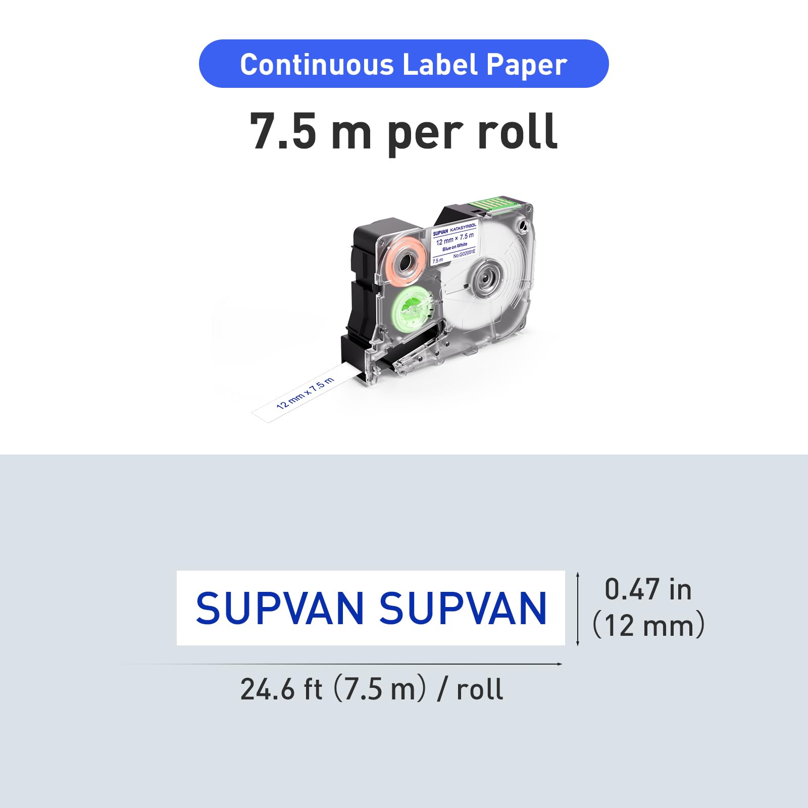 SUPVAN Etichette a trasferimento termico continuo serie G15M, 0,47 '' W × 24,6 'L, impermeabili, resistenti alle alte temperature e non sbiadiscono etichette per esterni e interni, blu su bianco