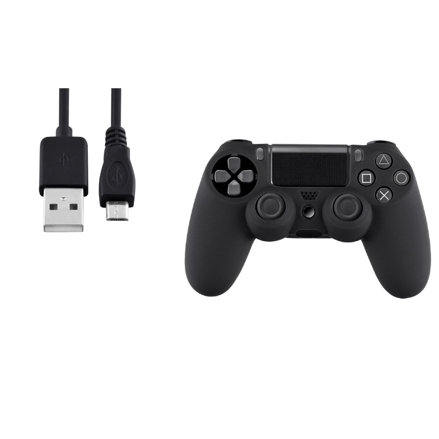 Theo&Cleo Black Silicone Skin PS4 Controller Case+10FT Black Micro USB 2-in-1 Cable For Sony PlayStation 4