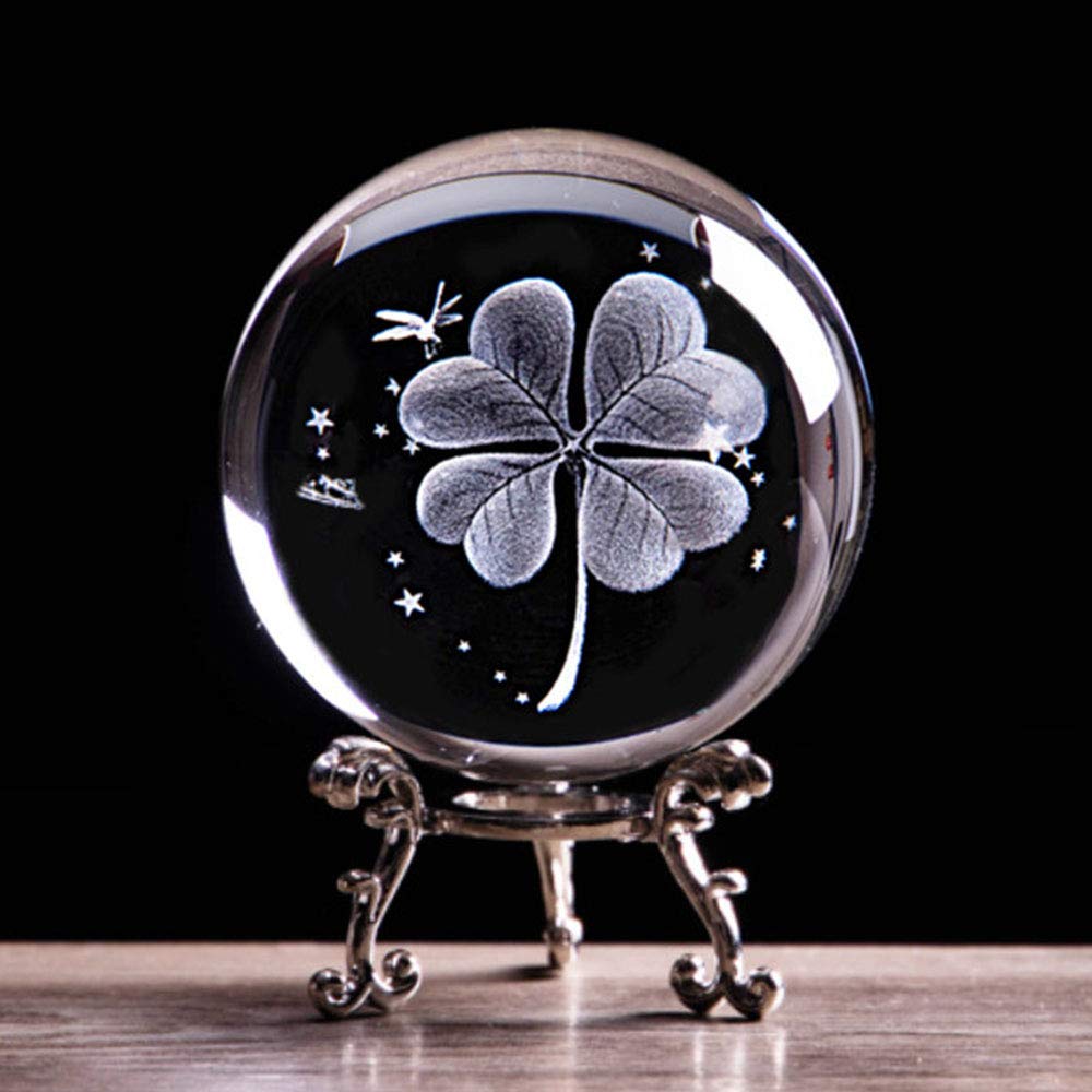 Speedy Panther 3D Four Clover Crystal Ball with Stand Good Luck Feng Shui Crystal Ball with Gift Box Lovers Gift Home Decor (60 mm Silver Stand)