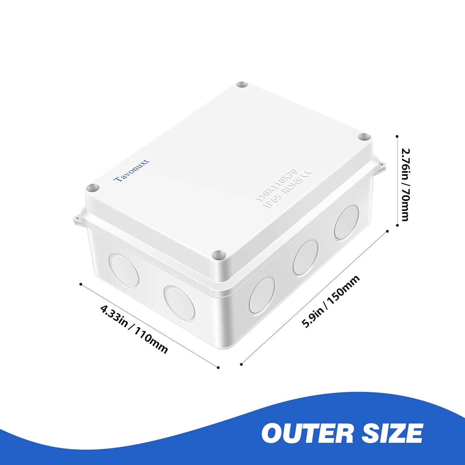 Waterproof Electrical Junction Box (5.9"x4.3"x2.8") with 10 Reserved Holes for Electronics - Sturdy ABS Plastic IP65 Dustproof Project Enclosure - White, (150x110x70mm)