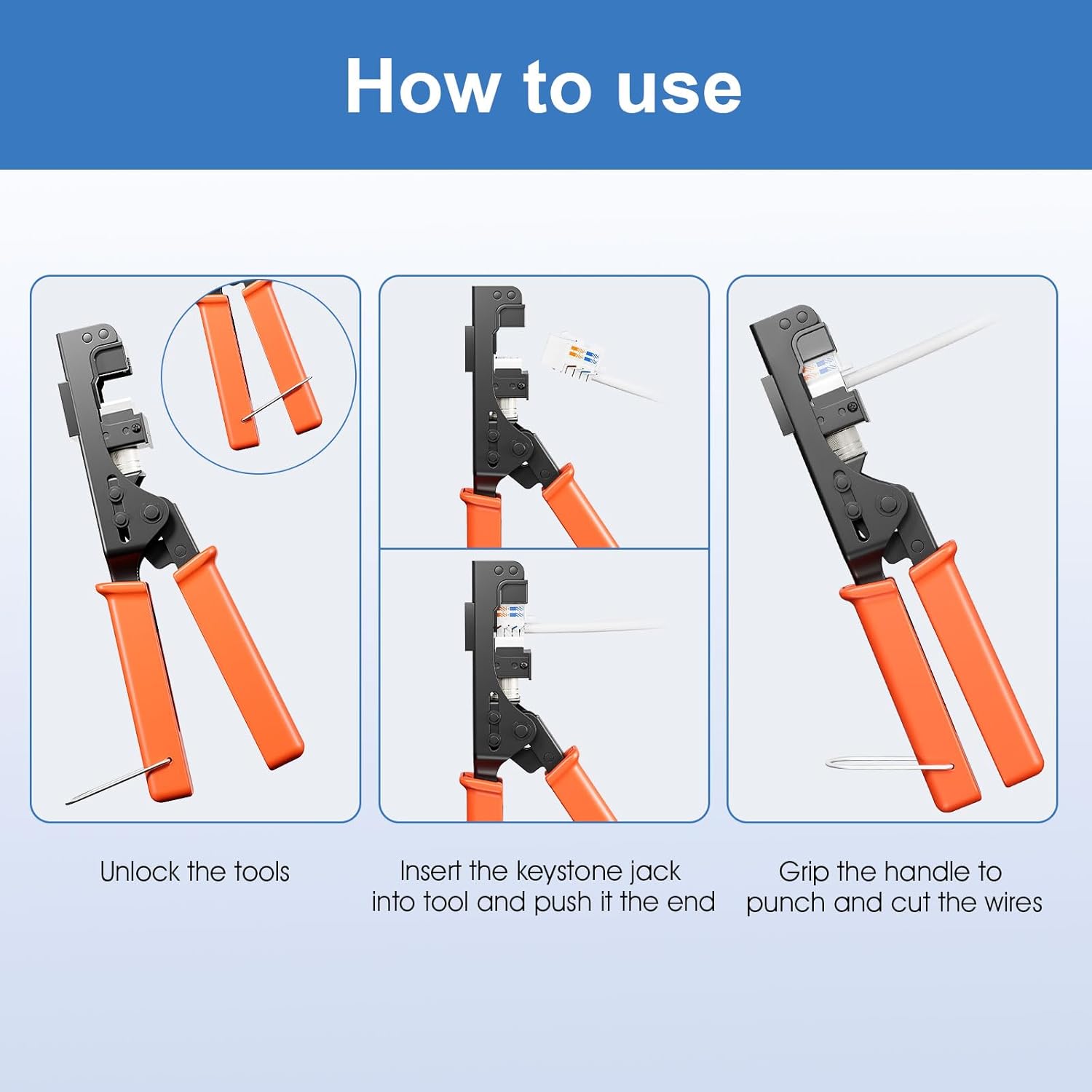 iwillink 90° Angled Speed Termination Keystone Tool for RJ45 Keystone Jack Degree, Ethernet Punch Down Tool Kit with 25-Pack CAT6 Keystone Jacks, 25-Pack RJ45 Connectors and One Wire Stripper